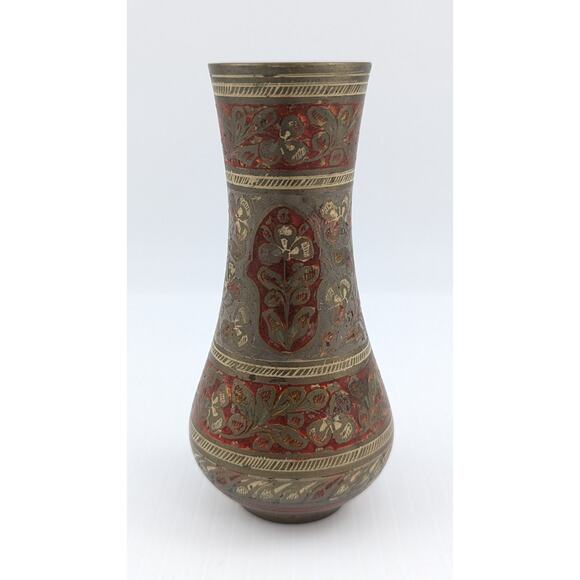 Brass Vase Enameled Floral Ornate Etched Vintage 5" Tall Marked 1923 India - Picture 3 of 9